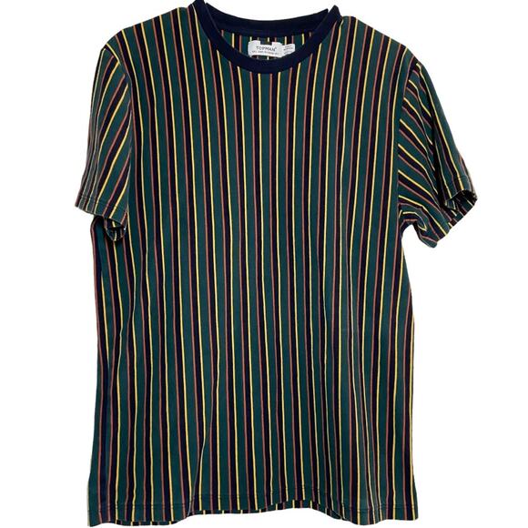 TOPMAN Frank T-shirt 90s Retro Crew Neck Striped Navy Blue Multi Large - Picture 2 of 5
